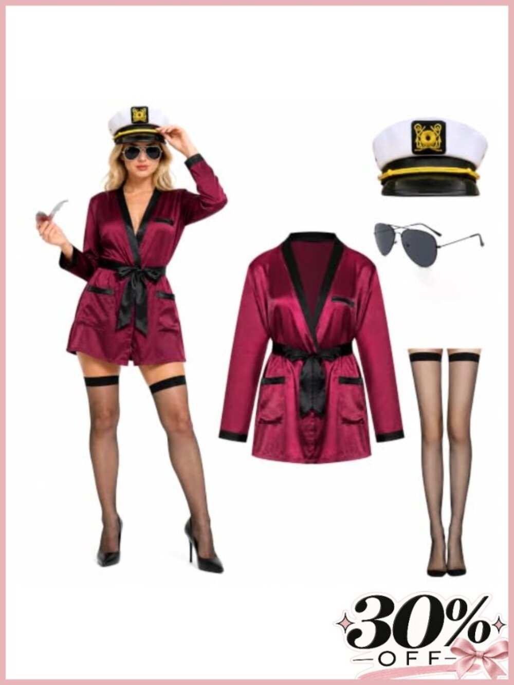 Red satin robe captain costume set with hat pipe glasses